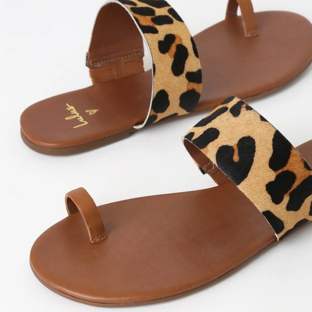 Lulus Tessa Leopard Calf Hair Toe Loop Sandals